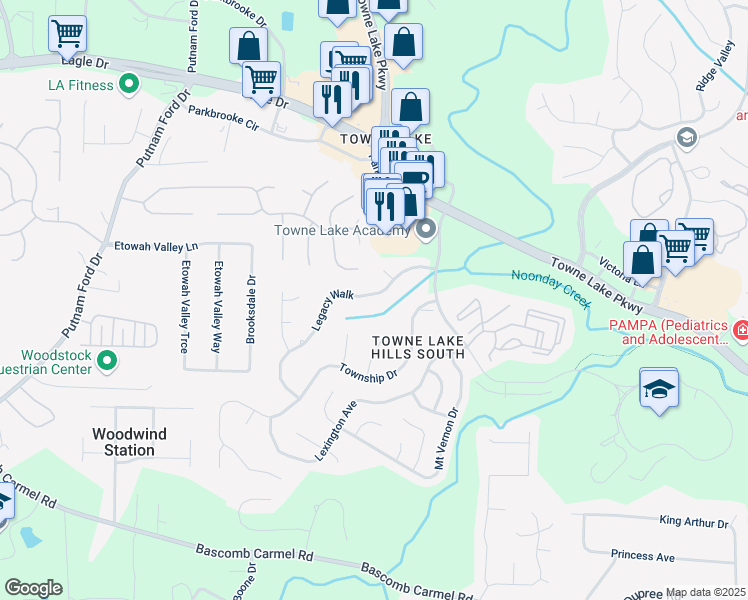 map of restaurants, bars, coffee shops, grocery stores, and more near 1019 Legacy Walk in Woodstock