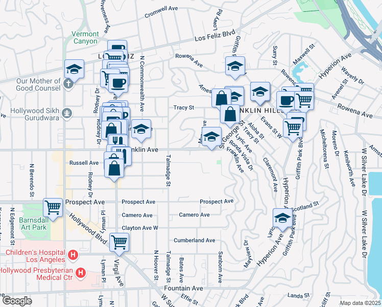 map of restaurants, bars, coffee shops, grocery stores, and more near 4206 Franklin Avenue in Los Angeles