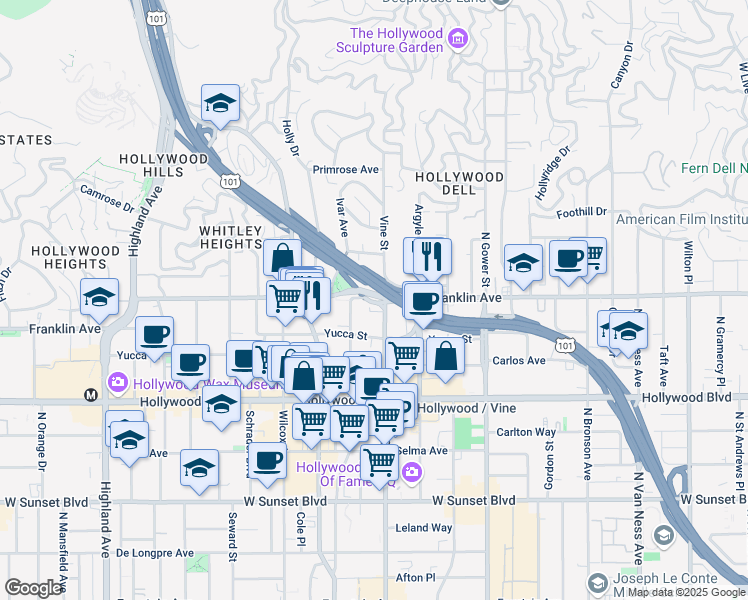 map of restaurants, bars, coffee shops, grocery stores, and more near 6322 Franklin Avenue in Los Angeles