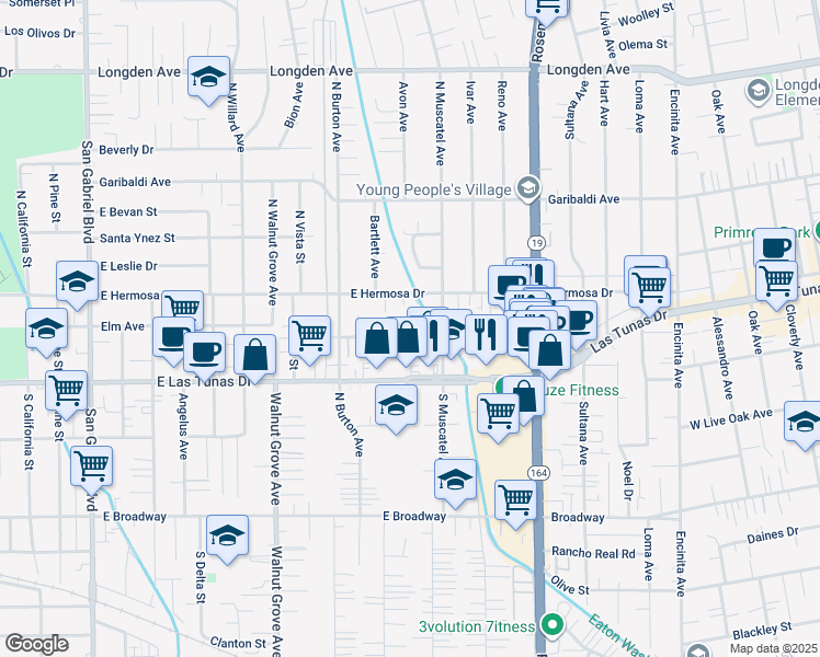 map of restaurants, bars, coffee shops, grocery stores, and more near 1349 Elm Avenue in San Gabriel