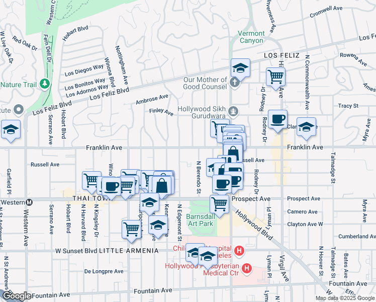 map of restaurants, bars, coffee shops, grocery stores, and more near 4826 Franklin Avenue in Los Angeles