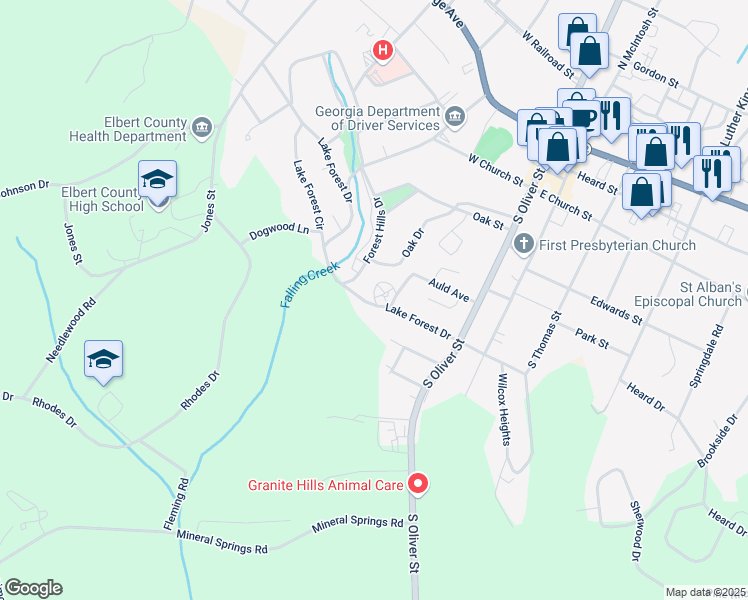 map of restaurants, bars, coffee shops, grocery stores, and more near Cactus Hill Circle in Elberton