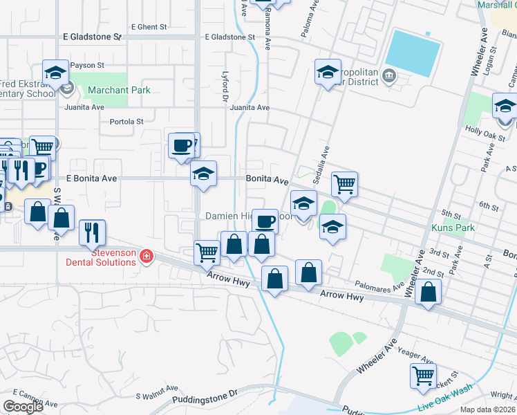 map of restaurants, bars, coffee shops, grocery stores, and more near 2247 Stratford Way in La Verne