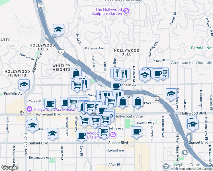 map of restaurants, bars, coffee shops, grocery stores, and more near Franklin Avenue in Los Angeles