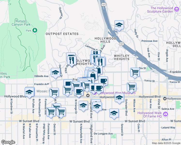 map of restaurants, bars, coffee shops, grocery stores, and more near 1925 Hillcrest Road in Los Angeles
