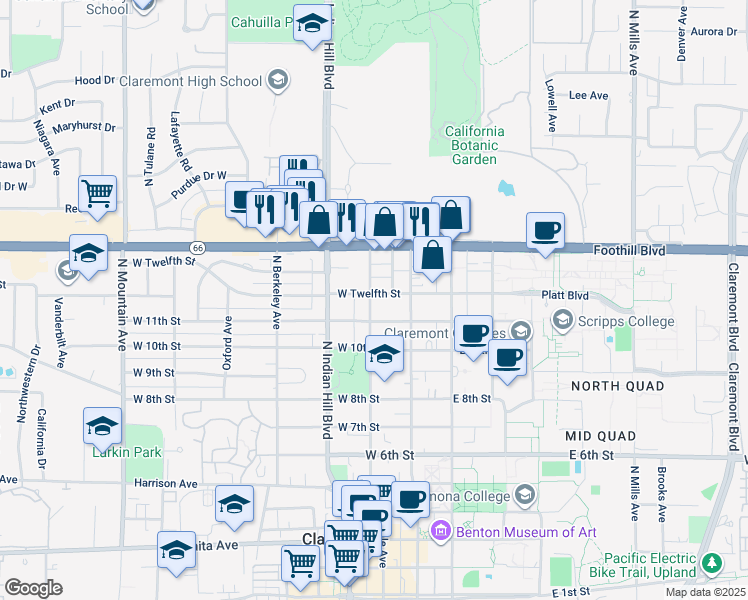 map of restaurants, bars, coffee shops, grocery stores, and more near 290 West 12th Street in Claremont