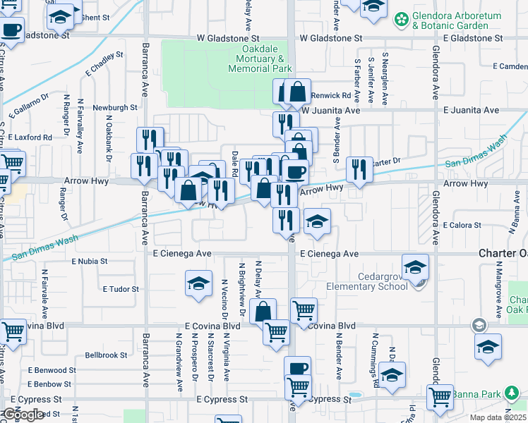 map of restaurants, bars, coffee shops, grocery stores, and more near 1411 North Grand Avenue in Covina
