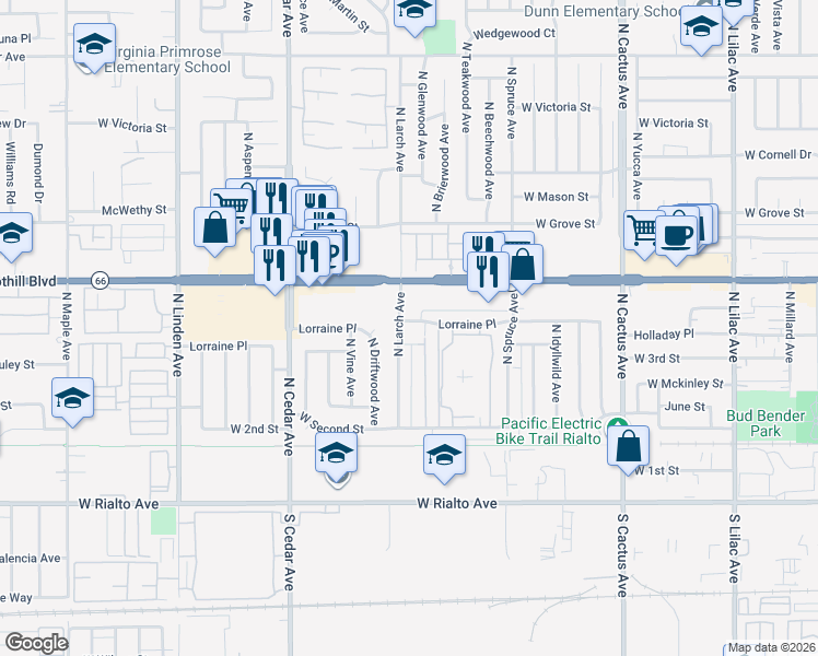 map of restaurants, bars, coffee shops, grocery stores, and more near 1083 Lorraine Place in Rialto