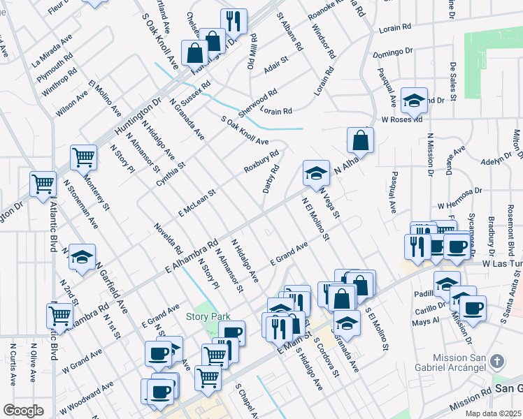 map of restaurants, bars, coffee shops, grocery stores, and more near North Granada Avenue in Alhambra