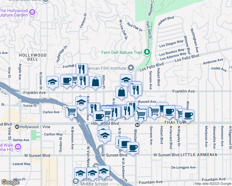 map of restaurants, bars, coffee shops, grocery stores, and more near 5640 Franklin Avenue in Los Angeles