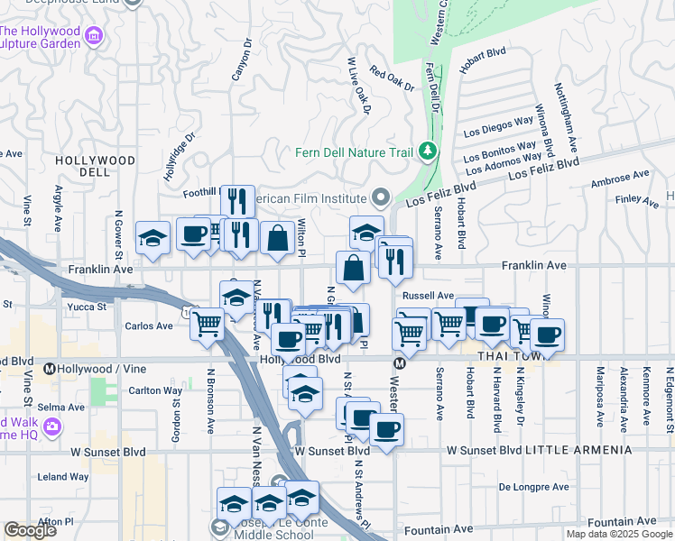 map of restaurants, bars, coffee shops, grocery stores, and more near 1900 North Gramercy Place in Los Angeles