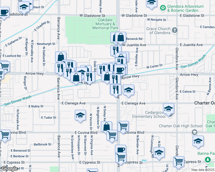 map of restaurants, bars, coffee shops, grocery stores, and more near 1411 North Grand Avenue in Covina