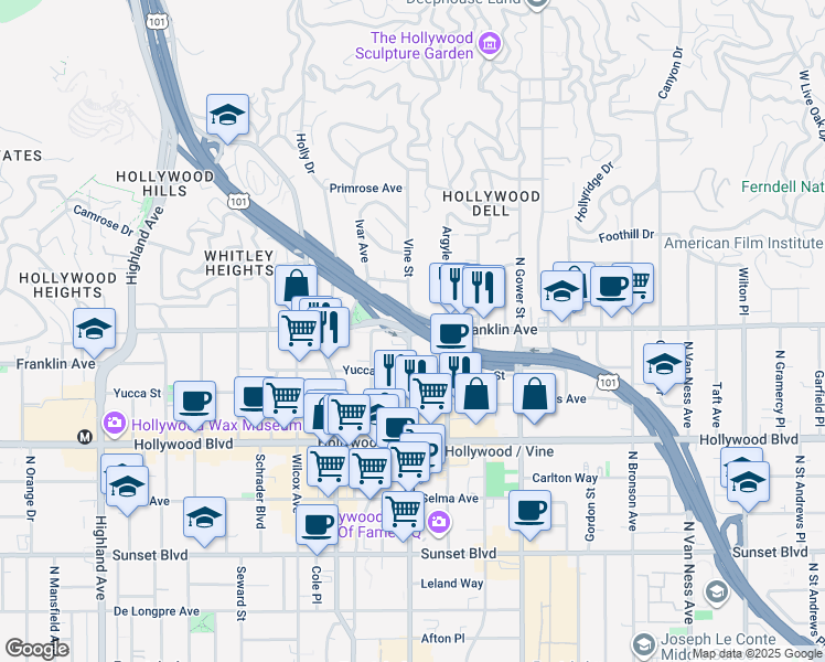 map of restaurants, bars, coffee shops, grocery stores, and more near Franklin Avenue in Los Angeles