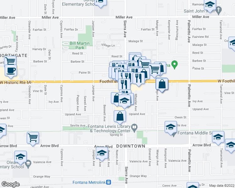 map of restaurants, bars, coffee shops, grocery stores, and more near 16854 Ivy Avenue in Fontana