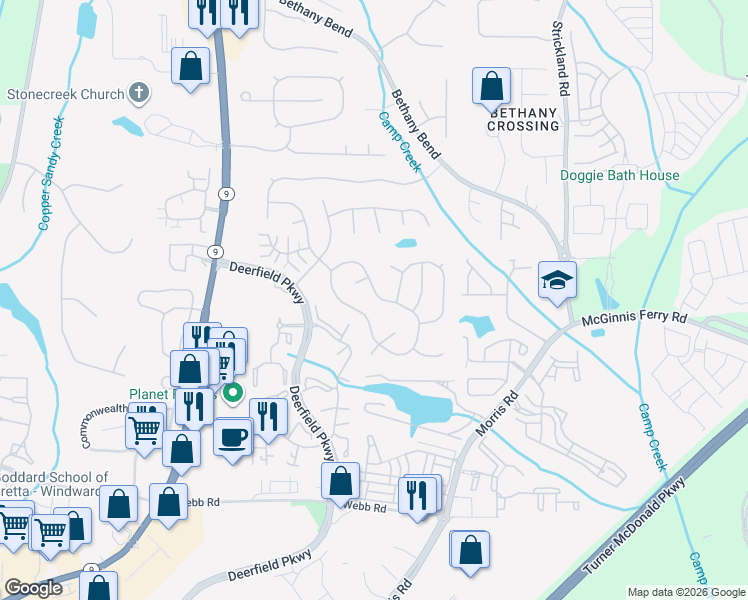 map of restaurants, bars, coffee shops, grocery stores, and more near 3311 Avensong Village Circle in Alpharetta