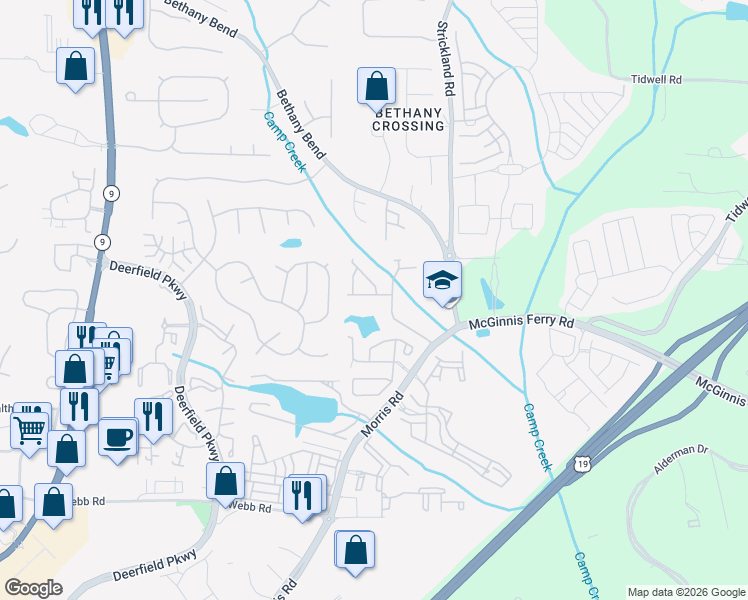 map of restaurants, bars, coffee shops, grocery stores, and more near 3522 Peacock Road in Alpharetta