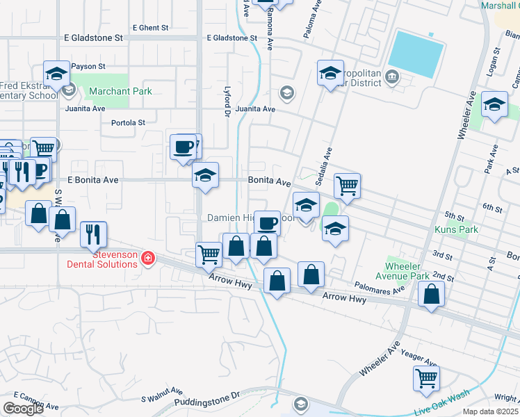 map of restaurants, bars, coffee shops, grocery stores, and more near 2247 Stratford Way in La Verne