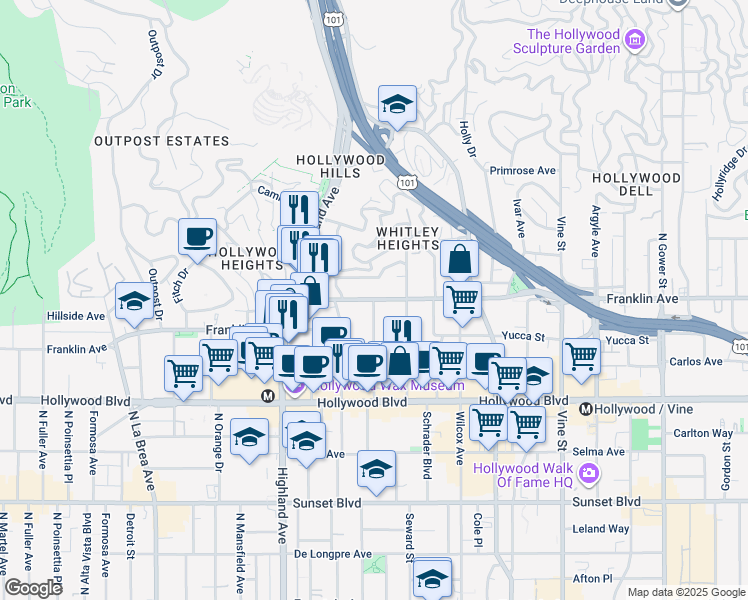 map of restaurants, bars, coffee shops, grocery stores, and more near Franklin Ave & N Cherokee Ave in Los Angeles