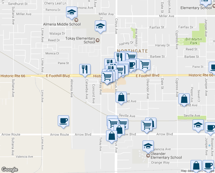 map of restaurants, bars, coffee shops, grocery stores, and more near 16055 East Foothill Boulevard in Fontana