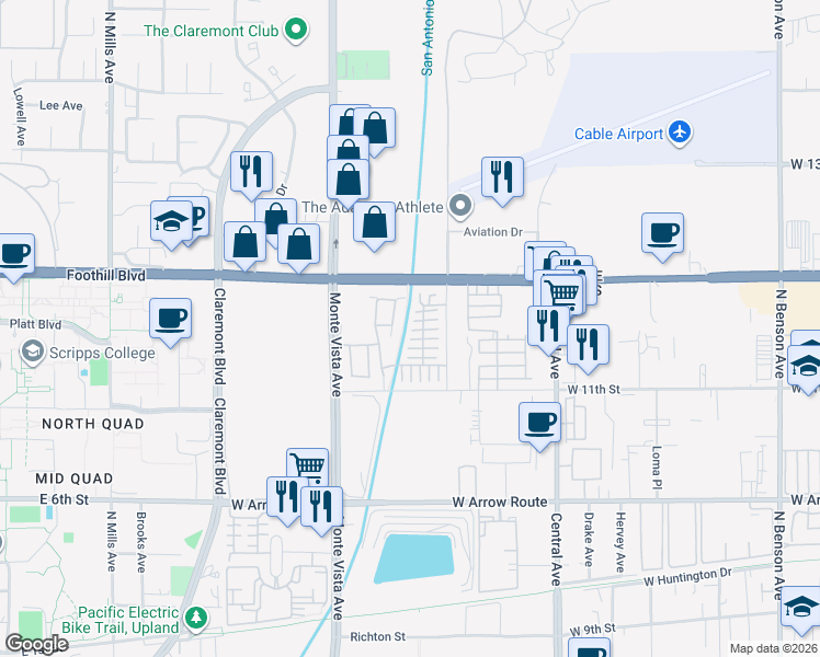 map of restaurants, bars, coffee shops, grocery stores, and more near 876 Julie Place in Upland
