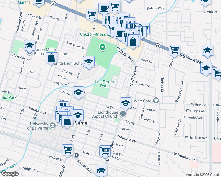 map of restaurants, bars, coffee shops, grocery stores, and more near 2359 Pepper Street in La Verne