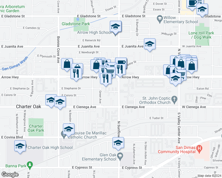 map of restaurants, bars, coffee shops, grocery stores, and more near 20831 East Calora Street in Covina