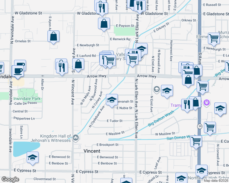 map of restaurants, bars, coffee shops, grocery stores, and more near 16740 Bygrove Street in Covina