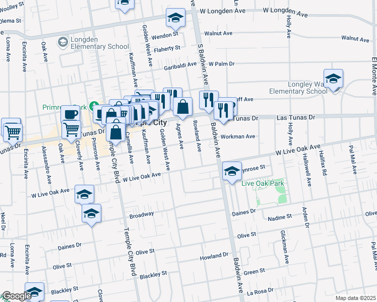 map of restaurants, bars, coffee shops, grocery stores, and more near 5752 Agnes Avenue in Temple City