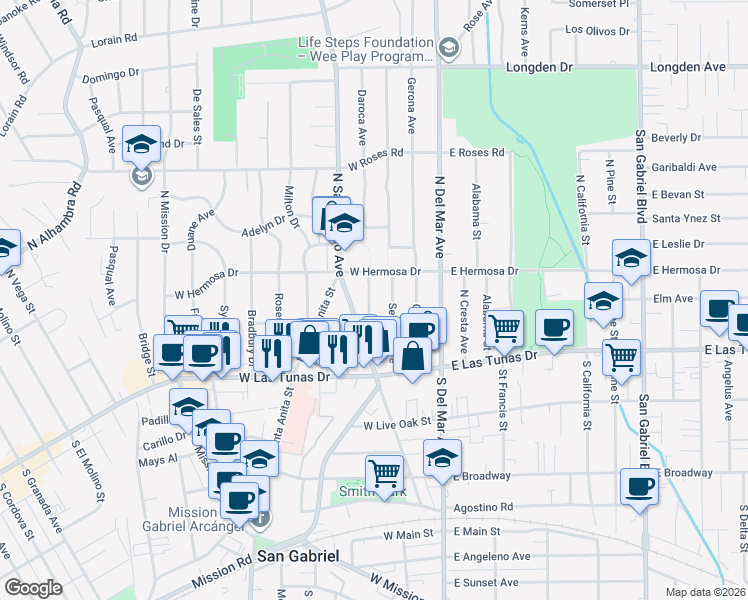 map of restaurants, bars, coffee shops, grocery stores, and more near 228 Daroca Avenue in San Gabriel