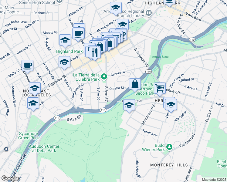 map of restaurants, bars, coffee shops, grocery stores, and more near 5746 Omaha Street in Los Angeles