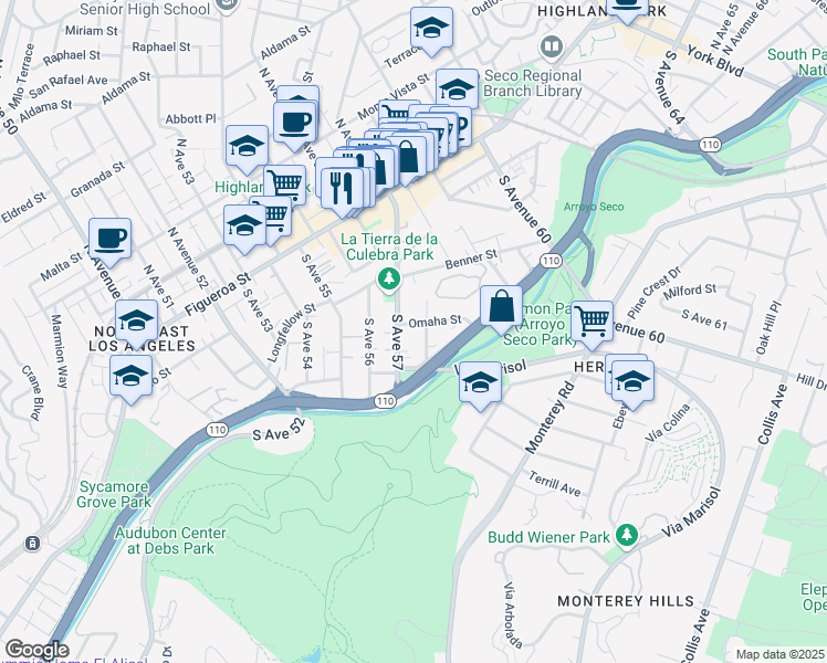 map of restaurants, bars, coffee shops, grocery stores, and more near 5746 Omaha Street in Los Angeles