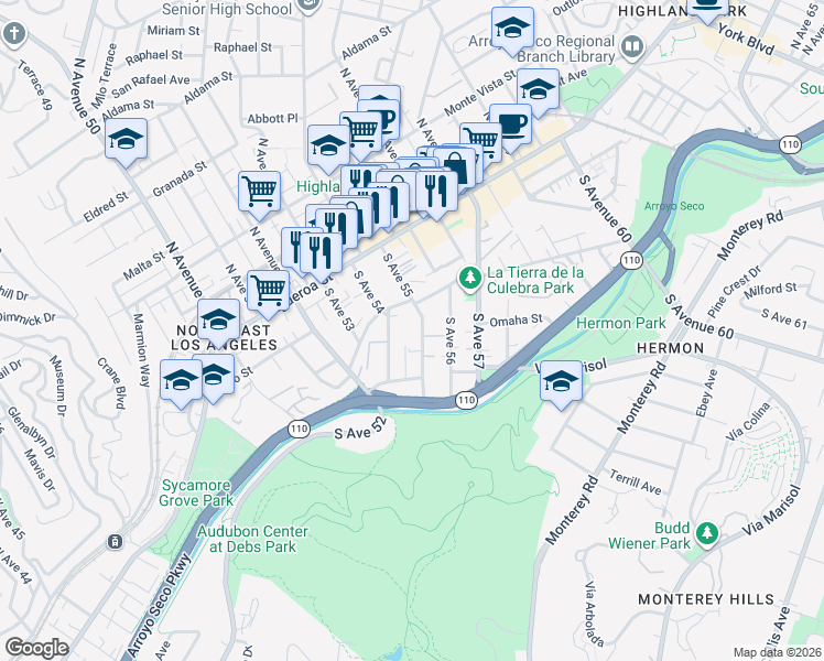 map of restaurants, bars, coffee shops, grocery stores, and more near 211 South Avenue 54 in Los Angeles