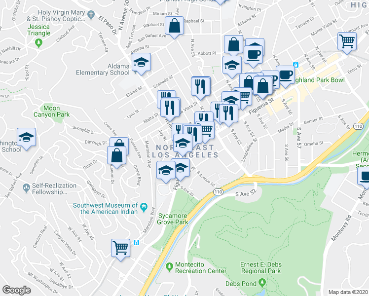 map of restaurants, bars, coffee shops, grocery stores, and more near in Los Angeles