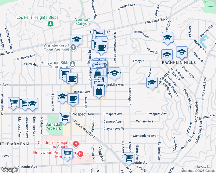 map of restaurants, bars, coffee shops, grocery stores, and more near 1917 Hillhurst Avenue in Los Angeles