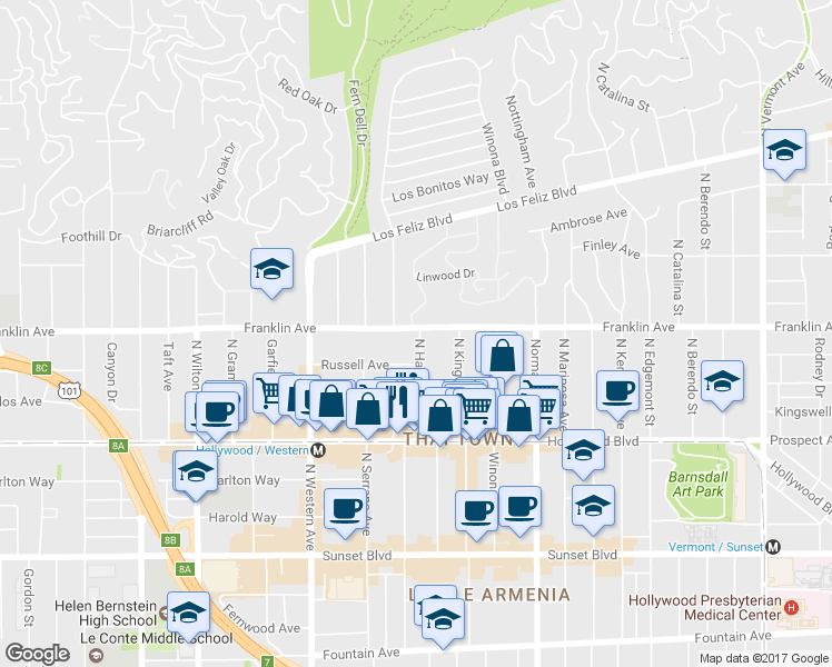 map of restaurants, bars, coffee shops, grocery stores, and more near in Los Angeles