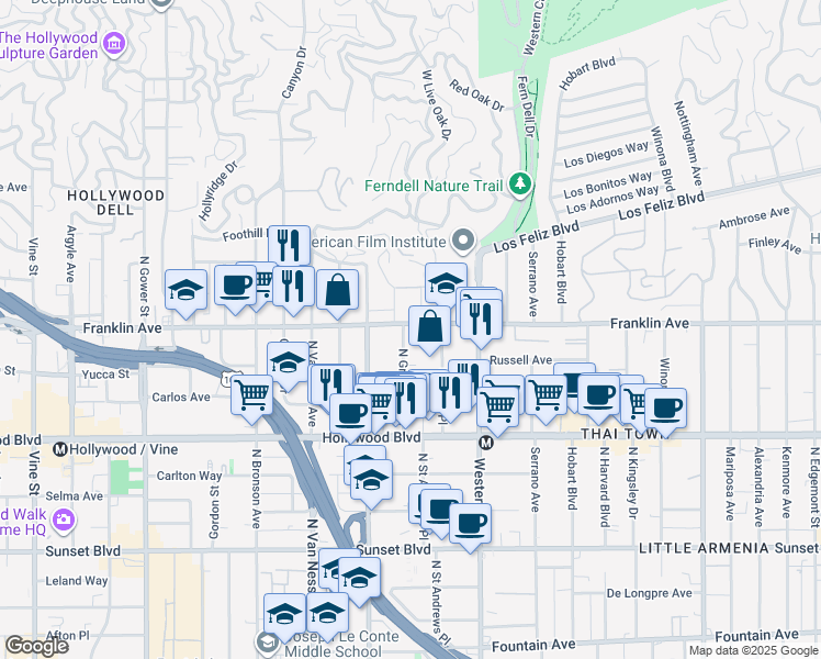 map of restaurants, bars, coffee shops, grocery stores, and more near 1900 North Gramercy Place in Los Angeles