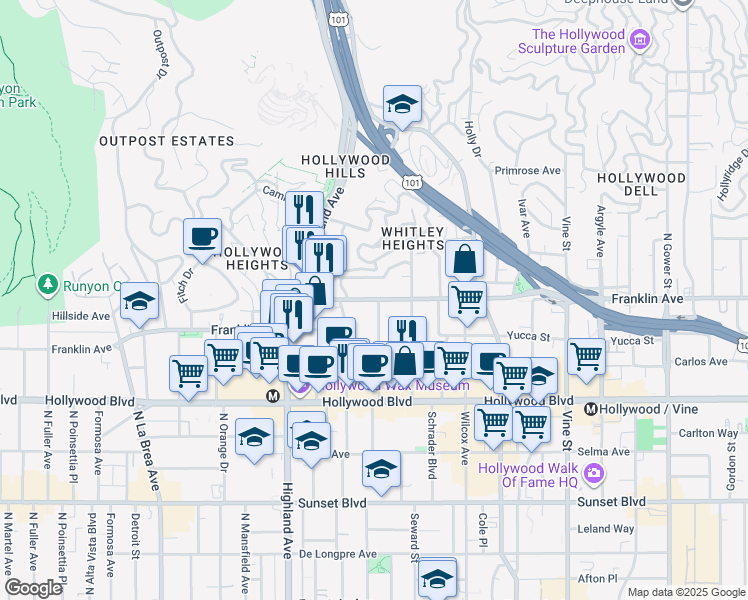 map of restaurants, bars, coffee shops, grocery stores, and more near 6651 Franklin Avenue in Los Angeles