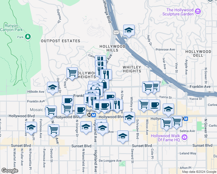 map of restaurants, bars, coffee shops, grocery stores, and more near 1909 1/2 North Las Palmas Avenue in Los Angeles