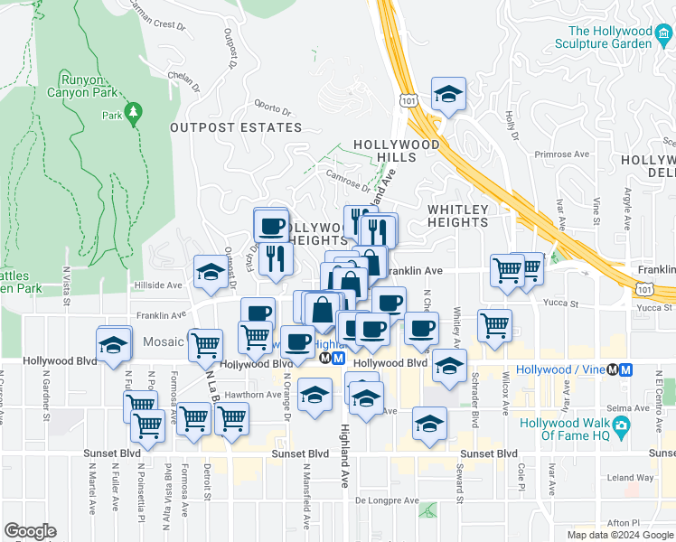 map of restaurants, bars, coffee shops, grocery stores, and more near 1925 Hillcrest Road in Los Angeles
