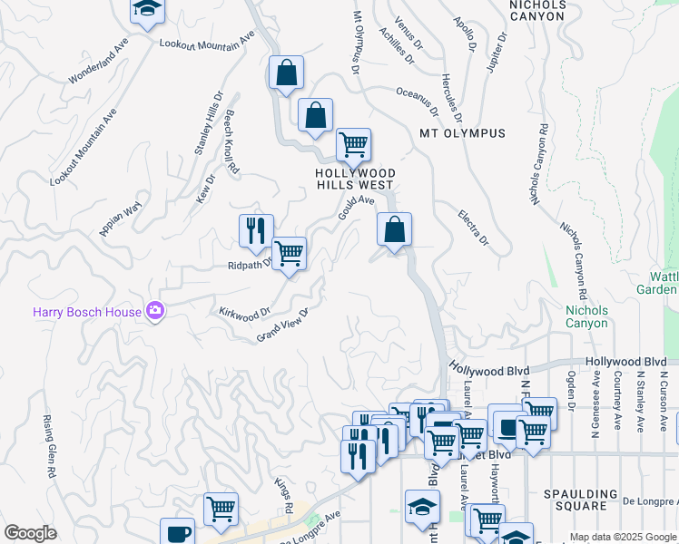 map of restaurants, bars, coffee shops, grocery stores, and more near 8248 Mannix Drive in Los Angeles