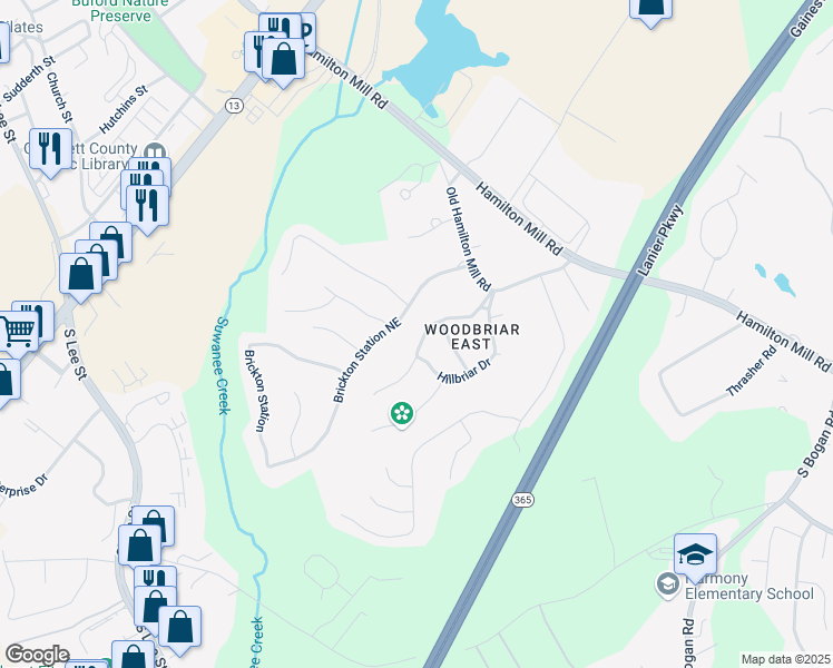 map of restaurants, bars, coffee shops, grocery stores, and more near 2232 Woodbriar Drive in Buford