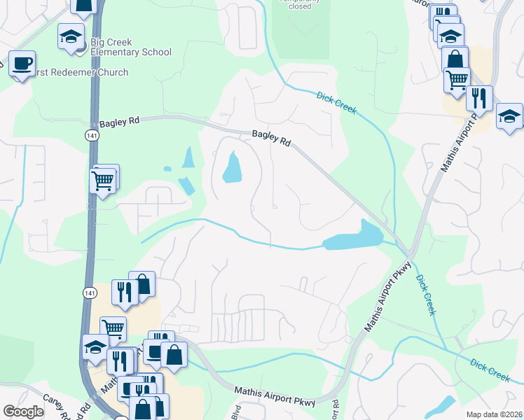 map of restaurants, bars, coffee shops, grocery stores, and more near 2320 Manor Creek Court in Cumming