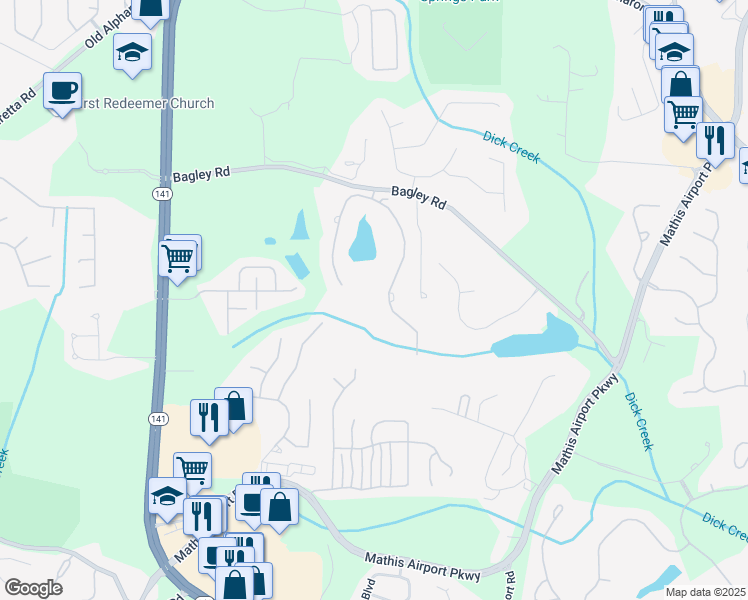 map of restaurants, bars, coffee shops, grocery stores, and more near 2325 Manor Creek Court in Cumming