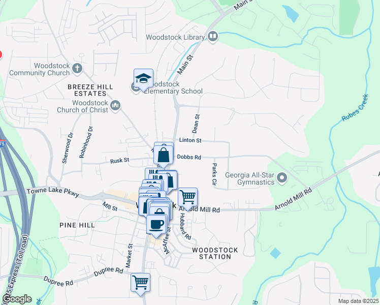 map of restaurants, bars, coffee shops, grocery stores, and more near 201 Dobbs Road in Woodstock