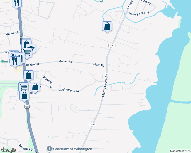 map of restaurants, bars, coffee shops, grocery stores, and more near 6905 Cedar Bluff Road in Wilmington