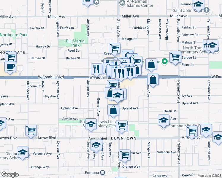 map of restaurants, bars, coffee shops, grocery stores, and more near 8172 Sierra Avenue in Fontana