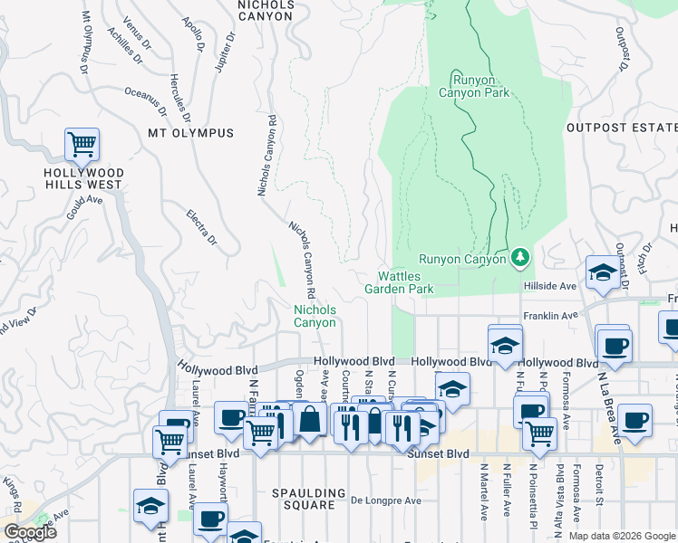 map of restaurants, bars, coffee shops, grocery stores, and more near 7661 Curson Terrace in Los Angeles