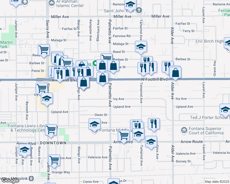 map of restaurants, bars, coffee shops, grocery stores, and more near 8187 Palmetto Avenue in Fontana