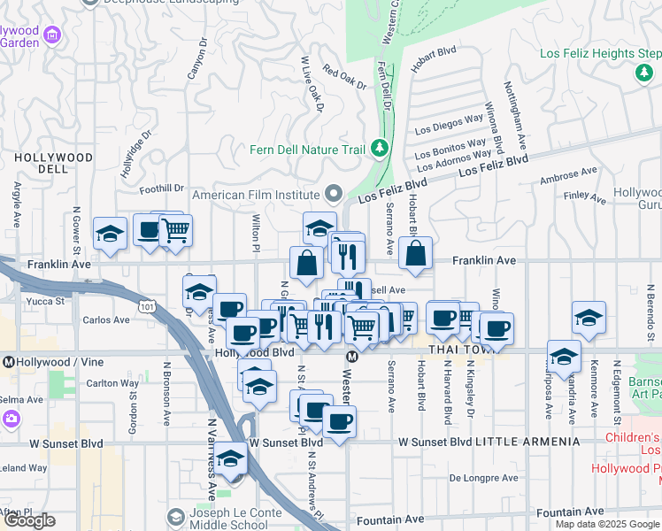 map of restaurants, bars, coffee shops, grocery stores, and more near 5520 Franklin Avenue in Los Angeles