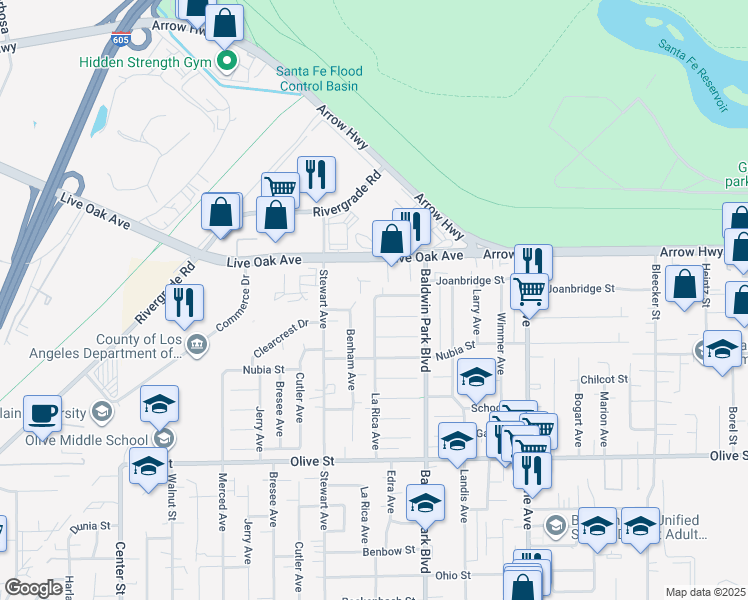 map of restaurants, bars, coffee shops, grocery stores, and more near 5447 La Rica Avenue in Baldwin Park
